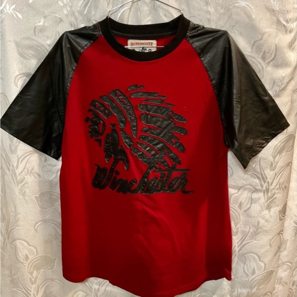Winchester Black & Red Shirt With Faux Leather Sleeves and Graphic